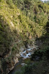 Obraz premium Scenic view of the Karangahake Gorge, a popular hiking destination in New Zealand. The Ohinemuri River flows through the gorge, alongside a walking track.