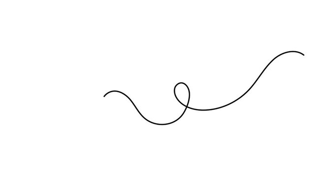 Scribbly stroke one line art animation, hand drawn wavy curly dividing element continuous drawing contour motion. Twiddle swirl separator curve strip with volutes and tendril outline video. 4k