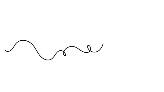 Scribbly stroke one line art animation, hand drawn wavy curly dividing element continuous drawing contour motion. Twiddle swirl separator curve strip with volutes and tendril outline video. 4k