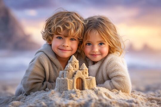 Two children looking at camera near sandcastle on sandy beach at sunset. Soft golden light creates a warm atmosphere. Concept of family fun, outdoor activities, beach vacations