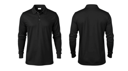 Black long sleeve Polo t-shirt in front and back view, mockup isolated on transparent background