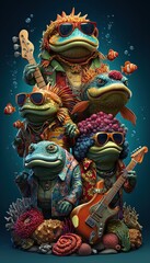 funky fish band made out of fishes and marine life, wearing funky 70s clothes, playing funky music underwater, cartoon caricature