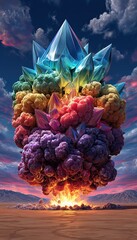 crystal-shaped missile shattering into a kaleidoscope of rainbow light upon detonation, in a surreal dreamlike desert