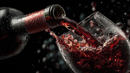 Red wine splashing into a glass bottle on black background capturing elegance, celebration, and dramatic luxury