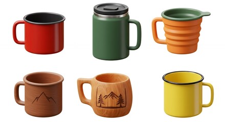 Assortment of colorful mugs for outdoor activities