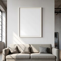 Modern living room with a plush sofa blank framed artwork and industrial loft window bathed in sunlight