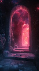 Pathway Through Stone Arches with Space Sky Glowing Pink