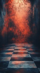 Abstract Interior Space with Checkered Floor and Dramatic Lighting