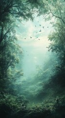 Birds Flying Through Mystical Forest Canopy with Foggy Light