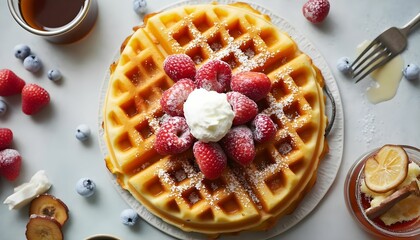 Delicious waffles topped with fresh raspberries, blueberries, and whipped cream served on a white plate with syrup at breakfast Generative AI