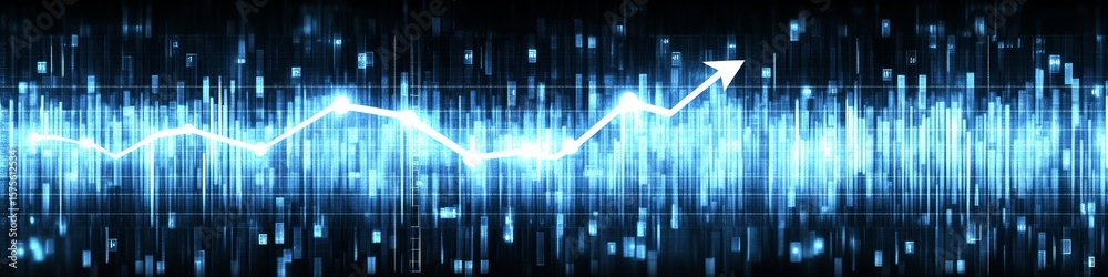 Poster cyan finance line chart with ascending arrow representing growth and progress in data visualization