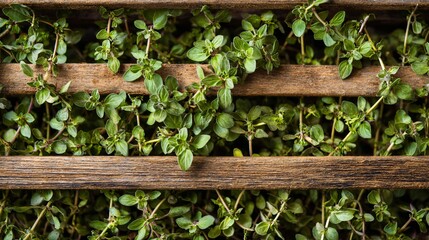 Obraz premium Overhead shot of oregano drying on wooden rack
