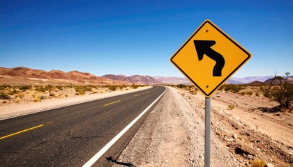 Desert highway with curve ahead sign