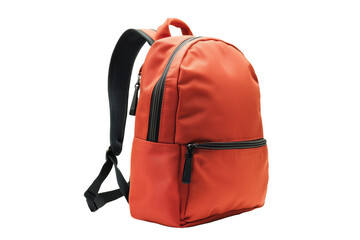 Compact red-orange backpack with black zippers and adjustable straps, perfect for daily use.