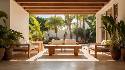 Fototapeta premium Veranda framing a chic villa interior with polished terrazzo floors, glass and wood furniture, abstract lighting fixtures, and a seamless indoor-outdoor vibe .