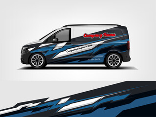 Obraz premium Dark Blue and Black Van Wrap – Sleek Motion Graphics with Red Highlight for Business Use