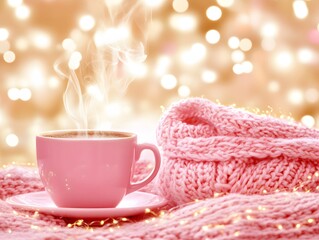 Fototapeta premium Cozy Winter Coffee Cup with Pink Knit Sweater and Lights