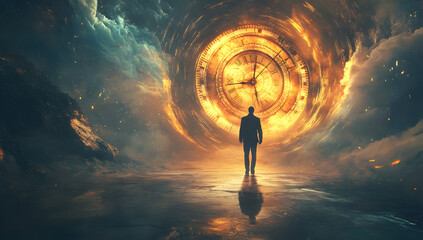 Time Traveler&rsquo;s Existential Dilemma, portraying a solitary traveler confronting profound moral questions amid distorted timelines and surreal temporal landscapes symbolizing complex choices and conseq