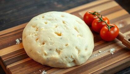Close-up of unbaked pizza dough on rustic wooden cutting board, round, Italian
