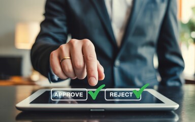 Businessperson Making Crucial Decision Approve or Reject on Tablet