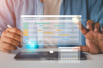 Project management and workflow scheduling interface. A business professional analyzing Gantt charts, tracking progress, and managing task execution through a digital strategy. Planning and deadline