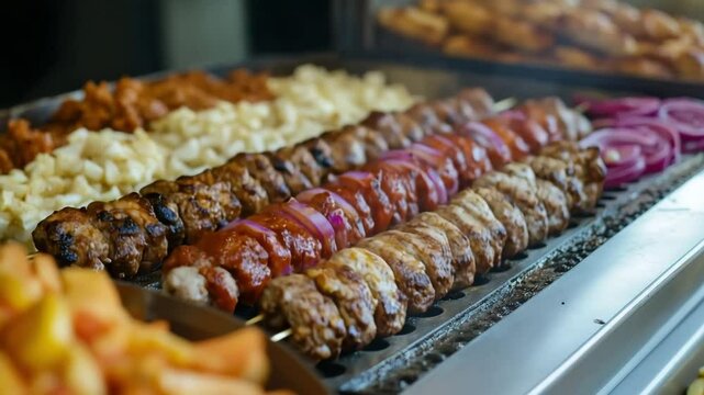 Juicy kofta kebabs grilling on a hot surface, with onions, peppers, and other tasty accompaniments