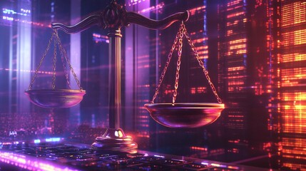 Law scales on background of data center. Digital law concept of duality of Judiciary,
