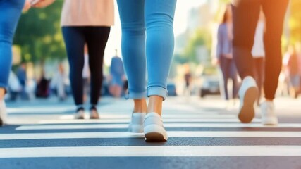 Feet of people wearing sneakers and jeans crossing the street at a pedestrian crossing