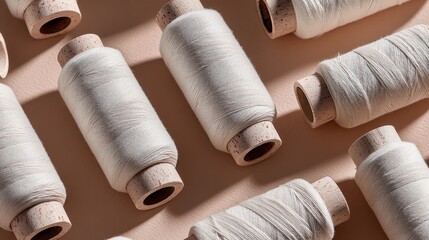 Sustainable fashion concept Spools of thread arranged on a surface, showcasing texture and shadows in a neutral color scheme.