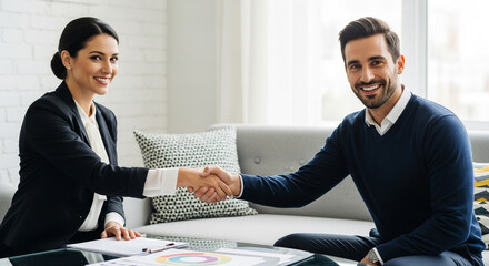 A man and woman shake hands in a modern office setting, signifying a successful business agreement and partnership