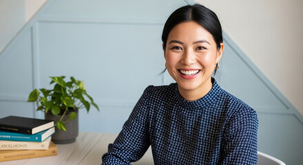 A young, smiling asian woman in a professional setting, looking confidently at the camera with a laptop and books on her desk