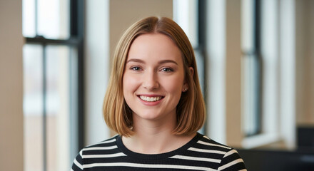 A young, happy caucasian woman with blonde hair smiles confidently at the camera in a bright, modern office environment