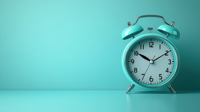 Teal alarm with clock on mint background; time management concept.
