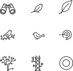 Obraz premium Birdwatching Icon Set Minimalist Black Silhouettes Featuring Binoculars Birds and Nature Elements for Outdoor Adventure Graphics