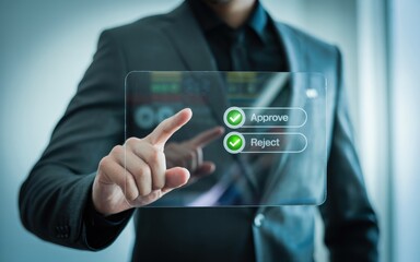 Businessman Approving or Rejecting a Proposal on a Transparent Screen