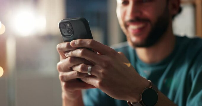 Phone, hands and creative business man laugh at meme, message and review script for comedy at night. Mobile, startup and writer in office for funny text, notification or typing on overtime with bokeh