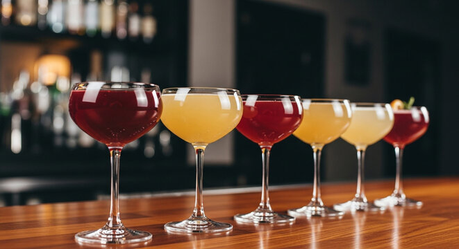 A selection of colorful cocktails are artfully arranged on a wooden bar counter, ready for enjoyment
