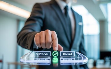 Businessman Making Crucial Decision Approve or Reject on Holographic Interface
