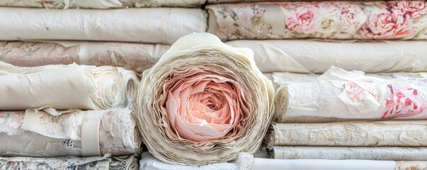 Sustainable fashion concept Rolled fabric pieces stacked together in soft, muted colors, showcasing texture and design.