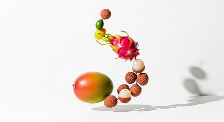 A vibrant arrangement of exotic fruits including dragon fruit, lychee, and mango, artfully composed and floating