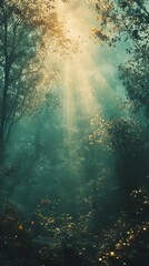 Sunlight Streaming Through a Misty Forest Landscape