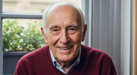 A smiling elderly man with white hair, wearing a red sweater, looking kindly at the camera