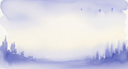 A serene watercolor landscape with blue hues and distant trees