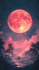 Crimson Moon Rising Over Forest River Nighttime Landscape