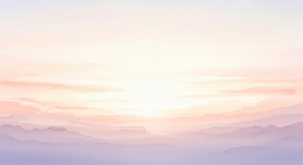 Watercolor painting of a serene mountain landscape at sunrise