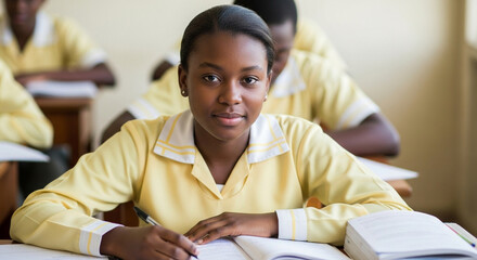 A young african girl in a yellow school uniform smiles while studying at her desk in a classroom