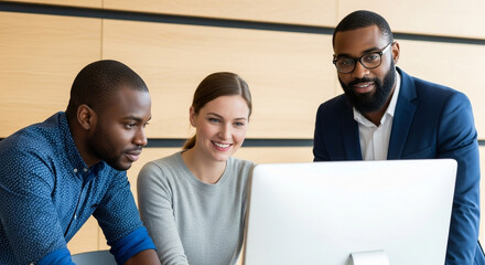 A diverse team of professionals collaborates around a computer screen in a modern office setting