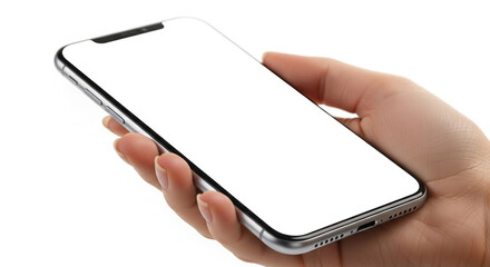 A hand holds a modern smartphone with a blank white screen isolated on a white background