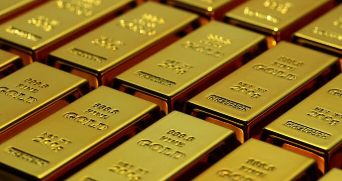 Brightly glowing heavy gold ingots with markings precise rows. Precious metals asset stored in bank safe. Concept of prosperity and abundance