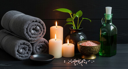 A serene spa setting with lit candles, rolled towels, and essential oil for ultimate relaxation